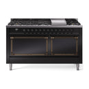 Glossy black dual fuel range with bronze trim, griddle and sealed burners, control panel