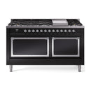 Glossy black dual-fuel gas range with chrome trim, sealed burners, dual oven doors