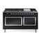 ILVE Nostalgie II Noblesse 60-Inch 5.8 Cu. Ft. Dual Oven Propane Gas Dual Fuel Range with 9 Burners, Griddle and Solid Door in Glossy Black with Chrome Trim (UN60FQNMPBKCLP)