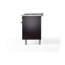 Glossy black range side panel with brass handle accents and oven door edge