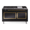 ILVE Nostalgie II Noblesse 60-Inch 5.8 Cu. Ft. Dual Oven Propane Gas Dual Fuel Range with 9 Burners, Griddle and Solid Door in Glossy Black with Brass Trim (UN60FQNMPBKGLP)