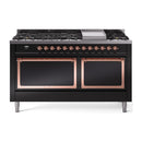 Glossy black dual fuel range with copper-trim control panel and griddle