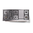 Glossy black burner layout with griddle center section and copper trim