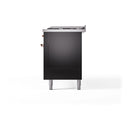 ILVE 60-inch dual fuel range back view in glossy black with copper-trim connections