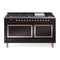 ILVE Nostalgie II Noblesse 60-Inch 5.8 Cu. Ft. Dual Oven Natural Gas Dual Fuel Range with 9 Burners, Griddle and Solid Door in Glossy Black with Copper Trim (UN60FQNMPBKP)