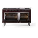 Burgundy dual-fuel range with two open ovens, racks inside, and lit interiors