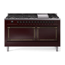 Burgundy dual-fuel range with bronze-trim oven doors and griddle cooktop