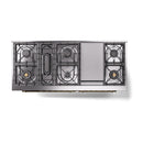 Burgundy dual-fuel range cooktop with burners, griddle, and brass-ring control knobs