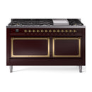 Burgundy gas dual-fuel range with brass trim, griddle, and two glass oven doors