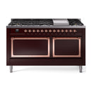 Burgundy dual fuel gas range with copper trim, twin oven doors, and sealed burners