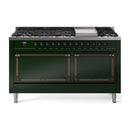 Emerald green dual fuel range with nine sealed burners and bronze-trimmed control panel
