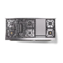 Emerald green range cooktop with burner grates and central griddle section