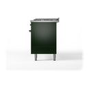 Emerald green range side panel with knobs, connectors, and adjustable feet