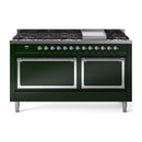 Emerald green dual fuel gas range with chrome-trimmed doors and burner knobs