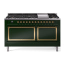 Emerald green dual fuel range front with brass-trimmed controls and dual oven doors