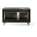 Emerald green dual-fuel range with open oven doors and brass handles