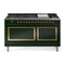 ILVE Nostalgie II Noblesse 60-Inch 5.8 Cu. Ft. Dual Oven Natural Gas Dual Fuel Range with 9 Burners, Griddle and Solid Door in Emerald Green with Brass Trim (UN60FQNMPEGG)