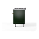 Emerald green dual-fuel range rear side panel with brass fittings and four legs