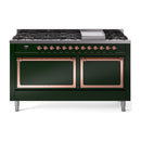 Emerald green dual-fuel range with copper-trim control panel, burners, and griddle