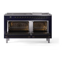 Dual-fuel range with two open oven doors showing wire racks inside