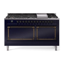 Midnight blue dual fuel range front view with griddle center and bronze control trim