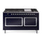 ILVE Nostalgie II Noblesse 60-Inch 5.8 Cu. Ft. Dual Oven Natural Gas Dual Fuel Range with 9 Burners, Griddle and Solid Door in Midnight Blue with Chrome Trim (UN60FQNMPMBC)