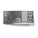Midnight blue gas range top with four burners, grates, and recessed griddle surface, front view