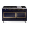 ILVE Nostalgie II Noblesse 60-Inch 5.8 Cu. Ft. Dual Oven Propane Gas Dual Fuel Range with 9 Burners, Griddle and Solid Door in Midnight Blue with Brass Trim (UN60FQNMPMBGLP)