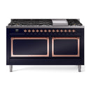 ILVE dual fuel range with midnight blue front, copper-trim control knobs, dual oven doors