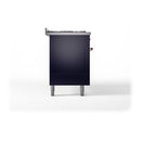 Midnight blue range side panel with copper handle hardware and solid door oven