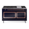 ILVE Nostalgie II Noblesse 60-Inch 5.8 Cu. Ft. Dual Oven Propane Gas Dual Fuel Range with 9 Burners, Griddle and Solid Door in Midnight Blue with Copper Trim (UN60FQNMPMBPLP)
