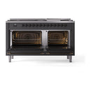 Dual fuel range with two open oven doors showing racks and heating elements