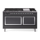 ILVE dual-fuel propane range with matte graphite front, 9 sealed burners, griddle