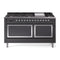 ILVE Nostalgie II Noblesse 60-Inch 5.8 Cu. Ft. Dual Oven Propane Gas Dual Fuel Range with 9 Burners, Griddle and Solid Door in Matte Graphite with Chrome Trim (UN60FQNMPMGCLP)