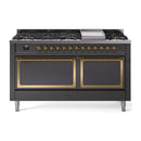 Matte graphite dual-fuel range with brass-trimmed controls, griddle, and sealed burners