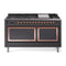 ILVE Nostalgie II Noblesse 60-Inch 5.8 Cu. Ft. Dual Oven Natural Gas Dual Fuel Range with 9 Burners, Griddle and Solid Door in Matte Graphite with Copper Trim (UN60FQNMPMGP)