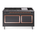 Matte graphite dual-fuel range with copper-trim knobs, griddle, and two oven doors