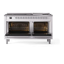 Dual fuel range with two ovens open, stainless body, front panel with control knobs