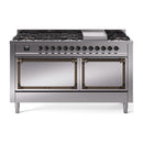 Stainless steel dual-fuel range with bronze-trimmed ovens and 9 sealed burners