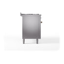 Stainless steel dual-fuel range side panel with bronze knobs and leveling legs