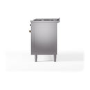 Stainless steel dual-fuel range rear-side view with bronze knob and leveling legs