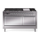 Stainless steel dual fuel range with chrome trim, burners, griddle, and twin oven doors
