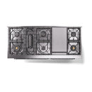 Stainless steel cooktop burner layout with center griddle on a dual fuel range
