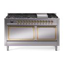 Stainless steel dual-fuel range with nine sealed burners and brass-trim control panel