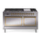 ILVE Nostalgie II Noblesse 60-Inch 5.8 Cu. Ft. Dual Oven Natural Gas Dual Fuel Range with 9 Burners, Griddle and Solid Door in Stainless Steel with Brass Trim (UN60FQNMPSSG)