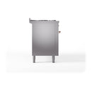 Stainless steel range back view with rear connections, copper accents, and legs