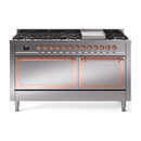 Stainless steel dual fuel range with black grates, copper-trim control panel, and burners