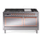 ILVE Nostalgie II Noblesse 60-Inch 5.8 Cu. Ft. Dual Oven Natural Gas Dual Fuel Range with 9 Burners, Griddle and Solid Door in Stainless Steel with Copper Trim (UN60FQNMPSSP)