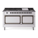 White propane dual fuel range with bronze-trim oven doors and 9 sealed burners plus griddle