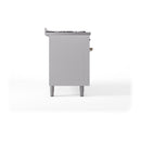 White side panel of a dual-fuel range with bronze control fittings and legs